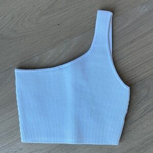 Babaton White Ribbed Asymmetric Crop Top